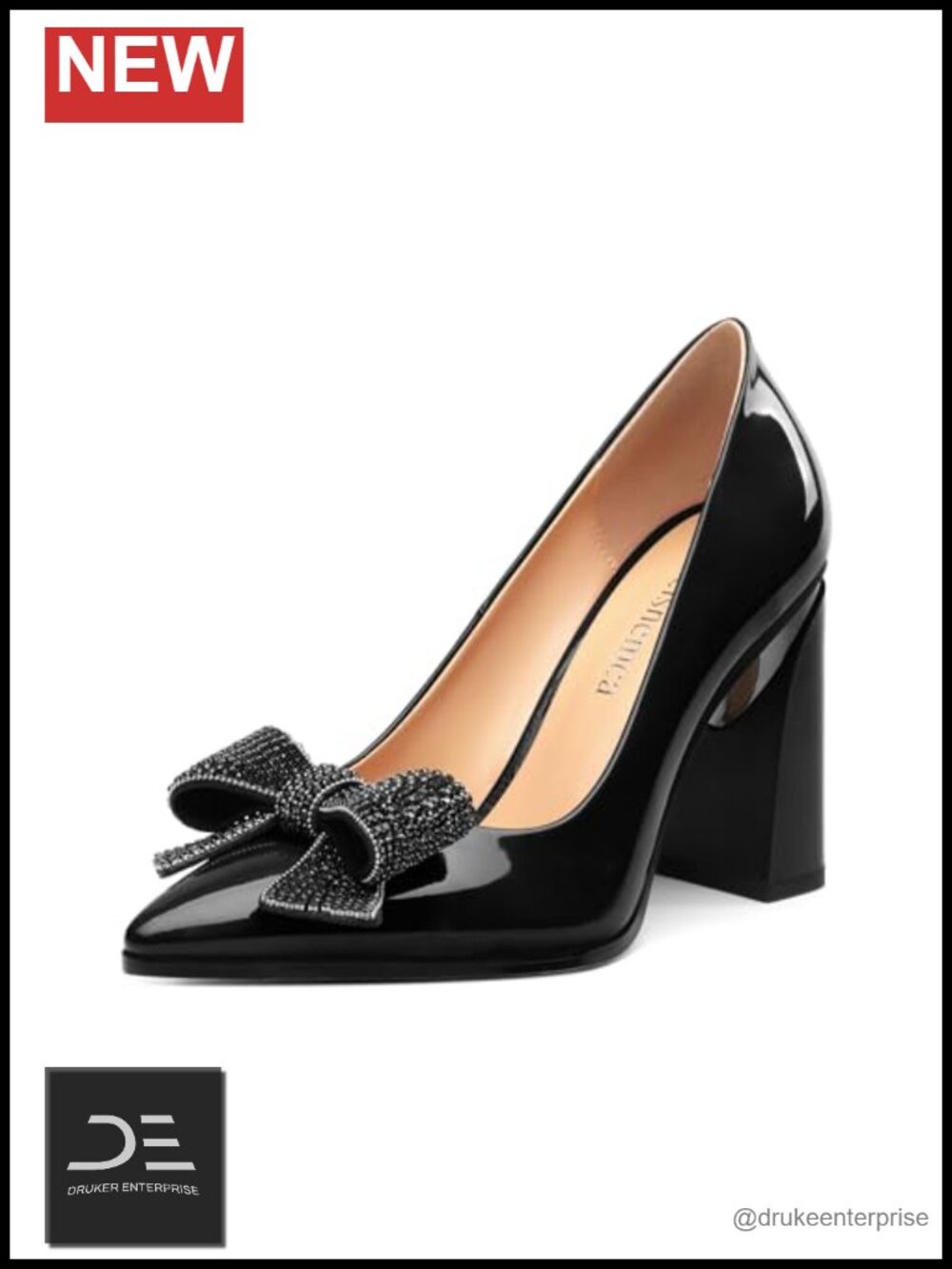 Chunky Block Heels Patent Pumps Bow Pointed Toe Wedding Party Slip On 3.5IN